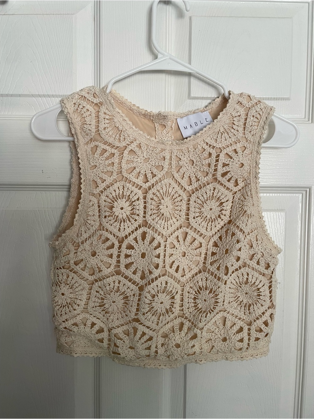 MABLE Women’s size Small Crochet Crop Top in Beige 100% Rayon